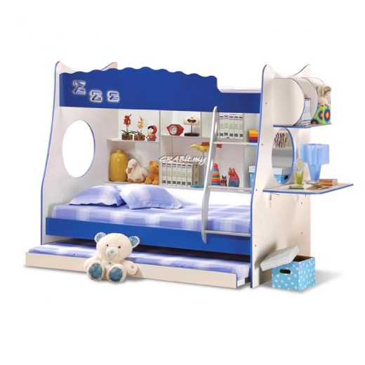 BLUE BUNK BED WITH ATTACHED SIDE TABLE 